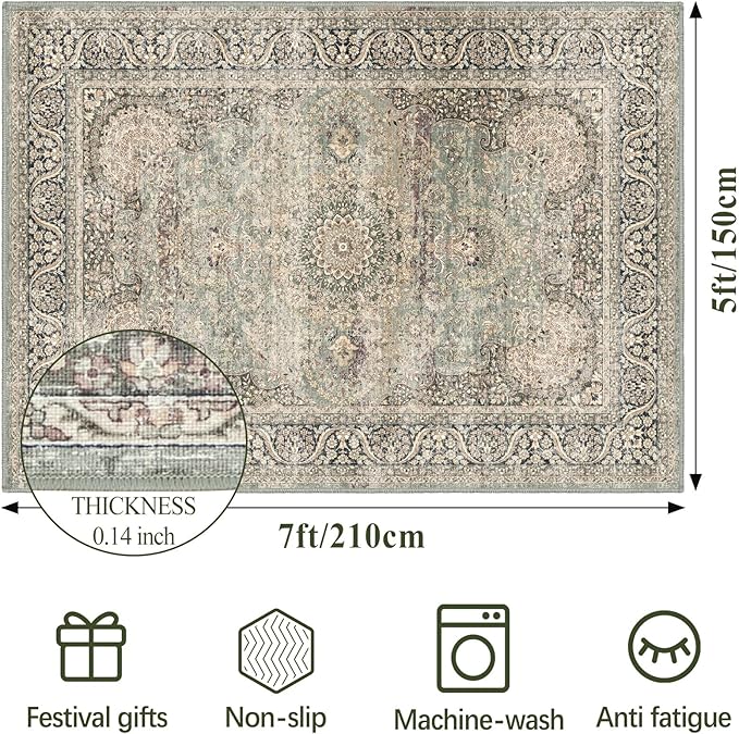 5X7 Area Rugs for Living Room - Large Washable Rugs 5x7 Vintage Rug Throw Low Pile Rug Non-Slip Distressed Carpet for Bedroom, Office, Kitchen,Entryway, Dining Room, Olive Charcoal