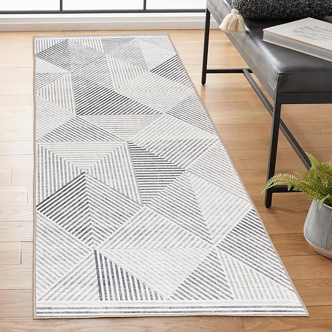 ReaLife Rugs Machine Washable Area Rug Runner - Living Room Bedroom Bathroom Kitchen Entryway Office - Padded Low Pile Stain Resistant Premium - Modern Geometric Contemporary - Miles - Gray 2'6" x 6'
