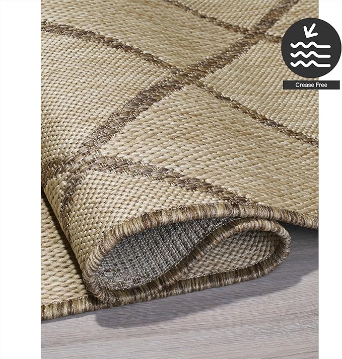 FH Home Flat Woven Outdoor Rug - Waterproof, Easy to Clean, Stain Resistant - Premium Polypropylene Yarn - Moroccan Geometric Lattice - Patio, Porch, Deck, Balcony - Tunis - Sand - 5ft 4in x 7ft 6in