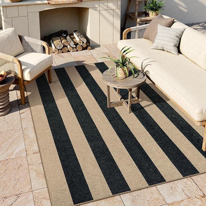 Lahome Striped Easy Jute Outdoor Rug 5x7, Large Neutral Dining Living Room Rug, Farmhouse Non Slip Non Shedding Washable Indoor Outdoor Black Carpet for Office Deck Patio Backyard Bedroom