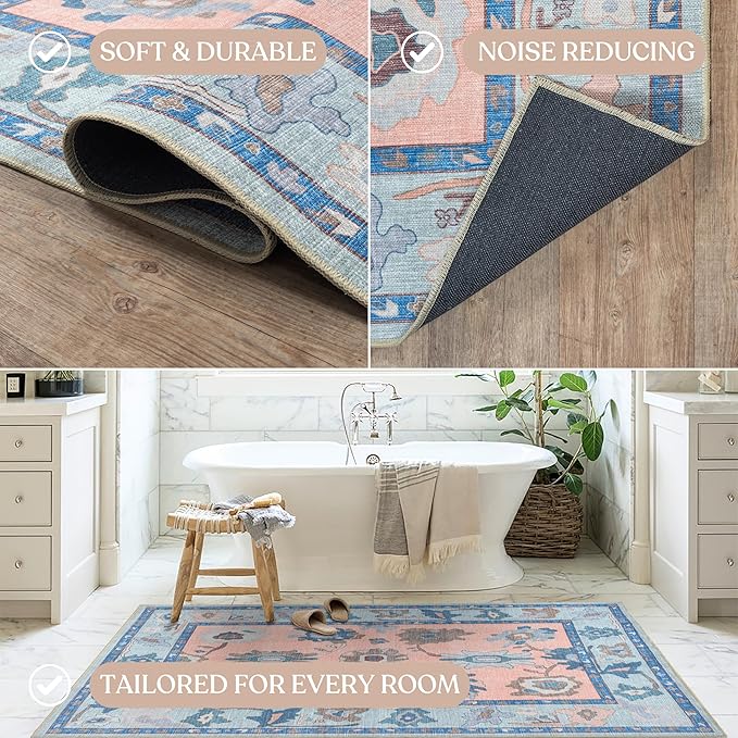 Fame Living Modern Oushak Rug, Vintage, Turkish, Eclectic, Floral, Pastel, Washable, Area Rugs for Living Room, Dining, Bedroom, Office, Entryway, Foyer, Playroom, Nursery, 5'x6'9"