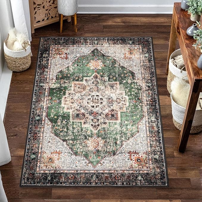 2x3 Small Rugs for Entryway, Green Boho Area Rug for Bathroom Throw Hallway Vintage Kitchen Rugs Non Slip Washable, Indoor Entrance Floor Carpet