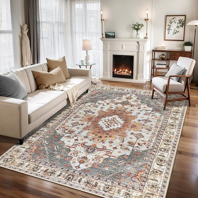 Tangsoo 4x6 Area Rugs for Living Room, Washable Vintage Rug Indoor, Distressed Turmeric Carpet for Bedroom, Non Slip Soft Low Pile Rugs Foldable Floor Rug for Dining Room Dorm Bedside Bathroom