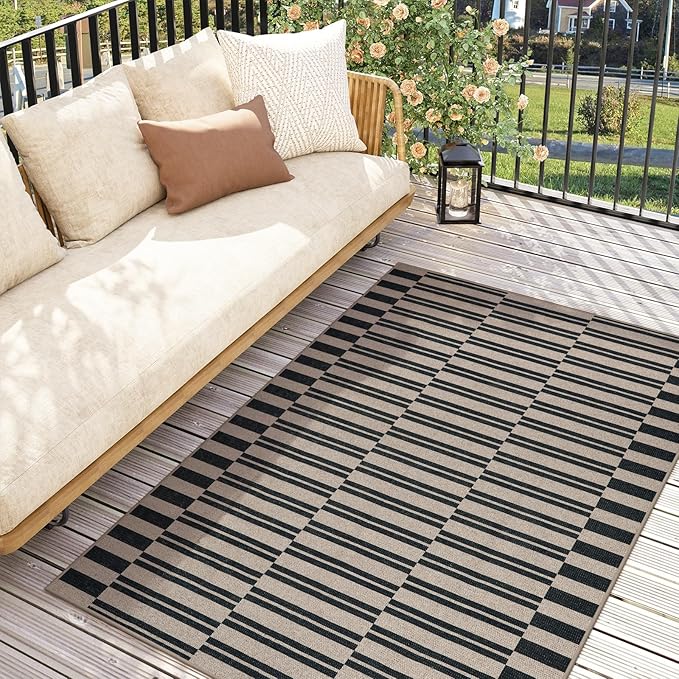 Lahome Striped Easy Jute Rug, 3x5 Outdoor Patio Porch Rug Washable Rugs for Entryway, Indoor Outdoor Living Room Carpets, Farmhouse Neutral Non Slip Black Carpet for Backyard Bedroom RV
