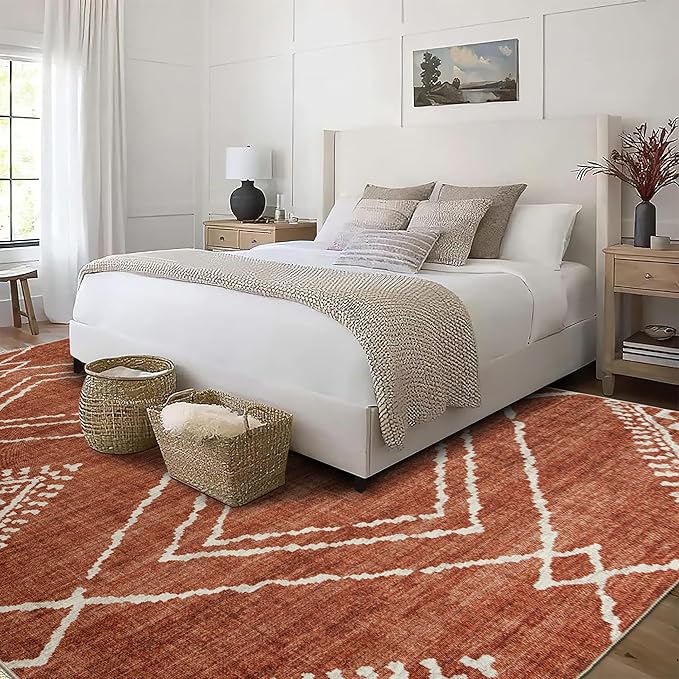 ReaLife Rugs Machine Washable Area Rug - Living Room Bedroom Bathroom Kitchen Entryway Office - Padded Low Pile Stain Resistant Premium - Moroccan Diamond Tribal - Jax - Orange 6' x 8'