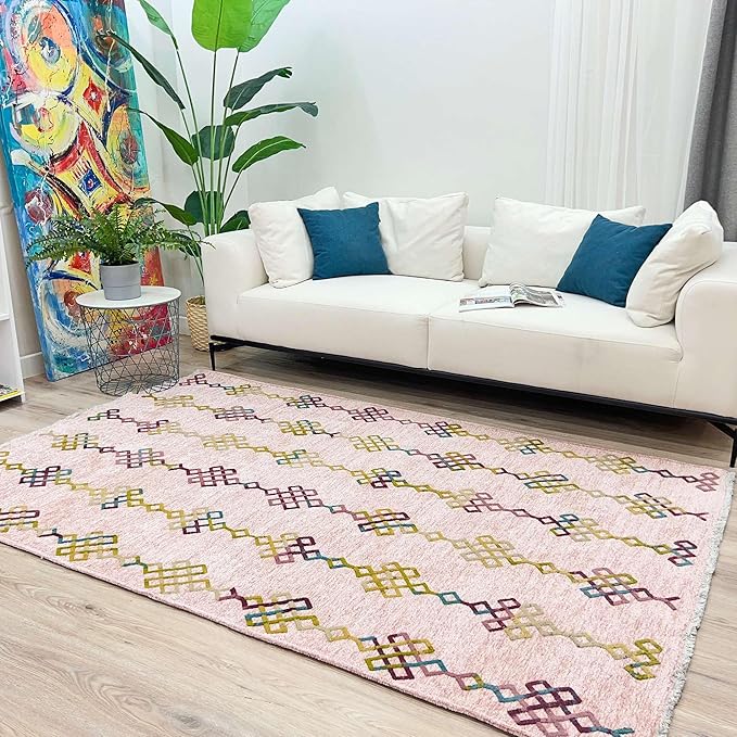 Alfa Rich 5x8 Light Pink Washable Area Rugs for Living Room Bedroom Kitchen Girls Decor Cotton Rug