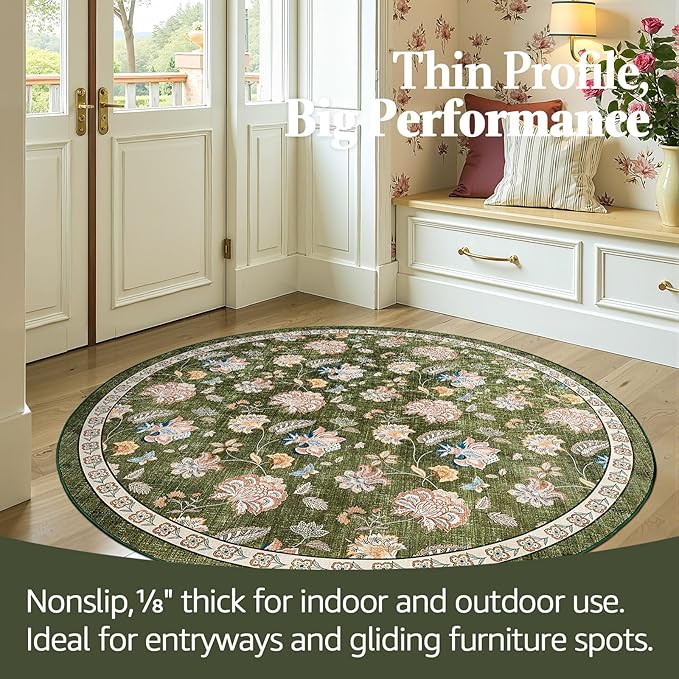 jinchan Elora 5ft Floral Round Rug for Entryway Washable Kitchen Rug Vintage Romance Design Non Slip Indoor Doormat Lightweight Low-Profile Throw Carpet for Living Room Dining Room Bedroom, Green