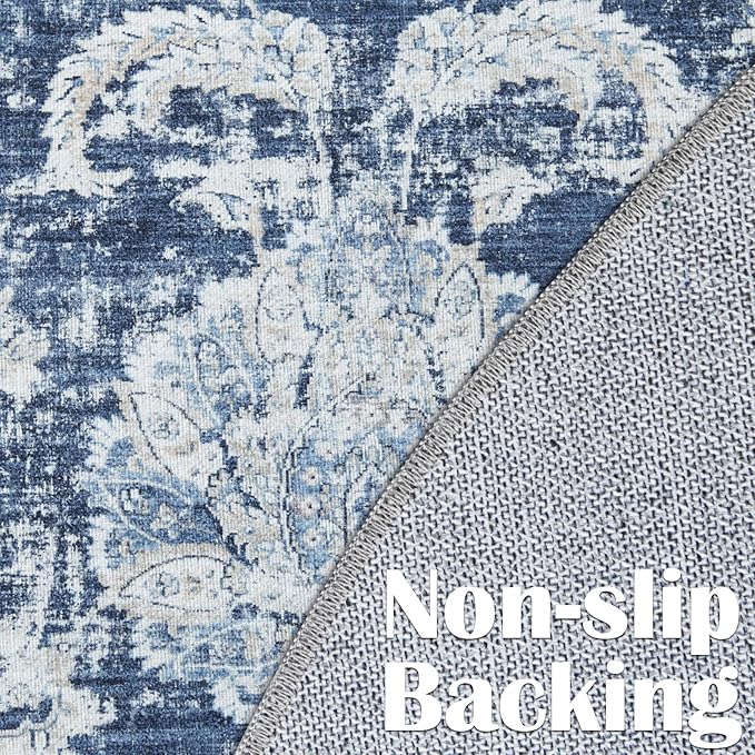 jinchan Fiora Round Rug 8ft Area Rugs Vintage Floral Distressed Design Machine Washable Non-Slip Low-Pile Ultra-Thin Circle Rug for Living Room Dining Room Bedroom Farmhouse (8' Round, Dark Blue)