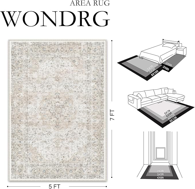 3x8 Washable Vintage Runner Rug for Living Room Bedroom Beige Grey Soft Tranditional Non Slip Runner Rug Lightweight Floral Low Pile Distressed Carpet Hallway Kitchen Bedroom Office