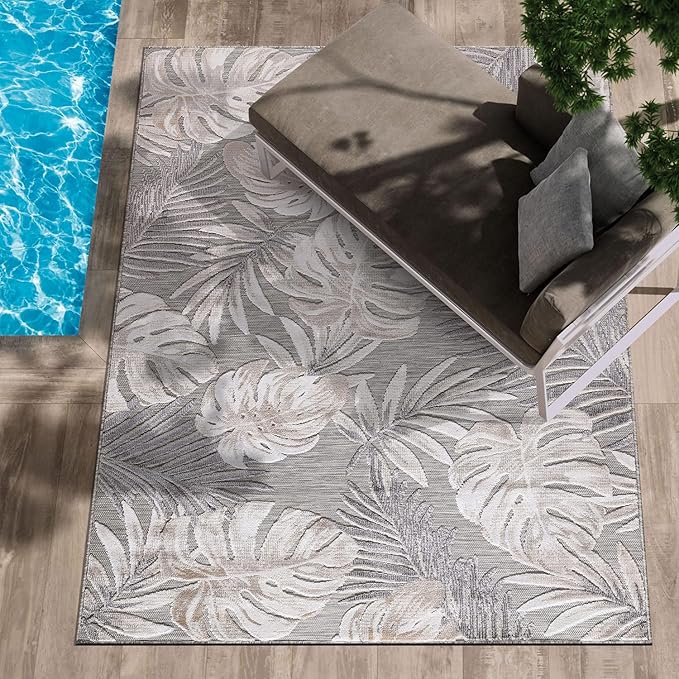 CAMILSON Indoor Outdoor Rug, Beige 6’x9’ Leaf Tropical Botanical Area Rugs for Indoor and Outdoor patios, Easy-Cleaning Non-Shedding Living Room, Garden and Kitchen Washable Outside Carpet (6x9)
