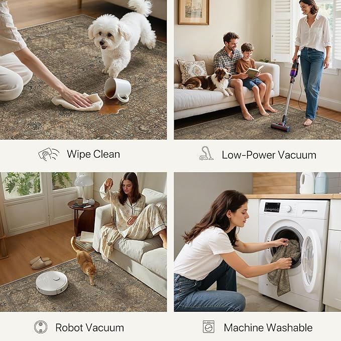 Bavni Washable Rugs 8x10-Machine Washable Rug Lightweight Low Pile, Vintage Floral Rug Non-Shedding Distressed Throw Carpet for Living Room Bedroom Office, Brown