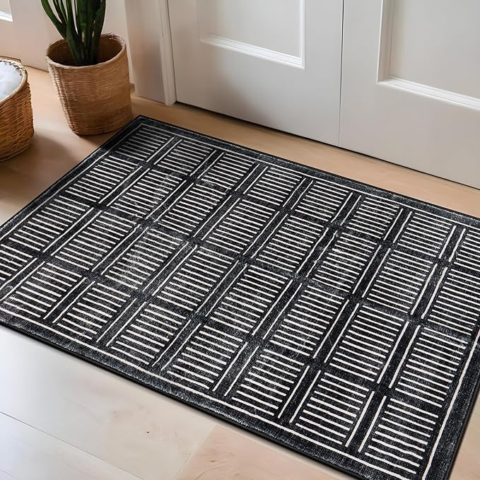Rugshop Bohemian Stripe Lines Washable Non Slip Area Rug 2' x 3' Black