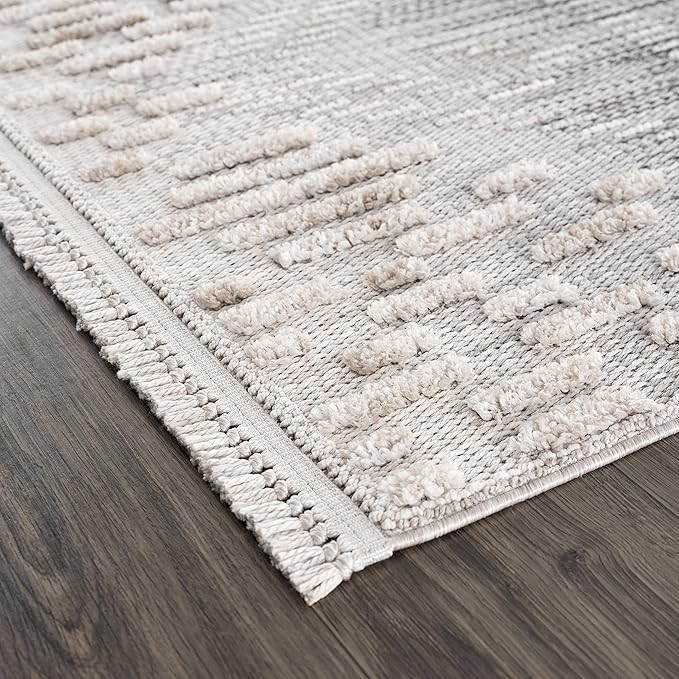 Hauteloom Poydras Farmhouse Living Room Bedroom Modern Moroccan Area Rug - Soft Shaggy High Low Carpet - High Pile - Bohemian, Boho - Gray, Beige, Cream - 9'2" x 12'