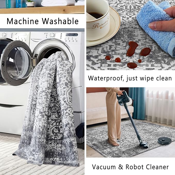 vivorug 8x10 Area Rugs, Stain Resistant Washable Rug for Living Room, Vintage-Inspired Grey Rug