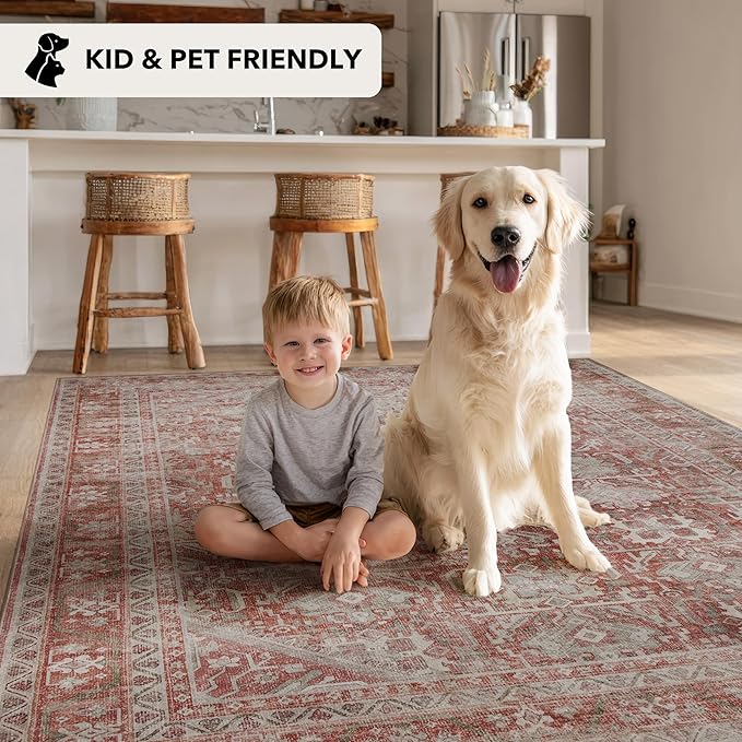 Kuden 2'6"x7' Runner Rug, Machine Washable Area Rug with Non-Slip Backing, Vintage Style, Soft, Easy Clean, Low Pile Rug for Hallway, Entryway, Kitchen, Bedroom