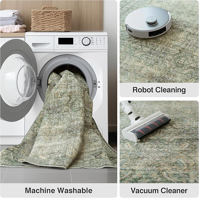 FMFUNCTEX 6x9 Washable Area Rug Green Vintage Neutral Distressed Large Non Slip Carpet for Living Room Bedroom Soft Low Pile Indoor Mat Retro Throw Rug for Dining Room Kitchen Office Nursery