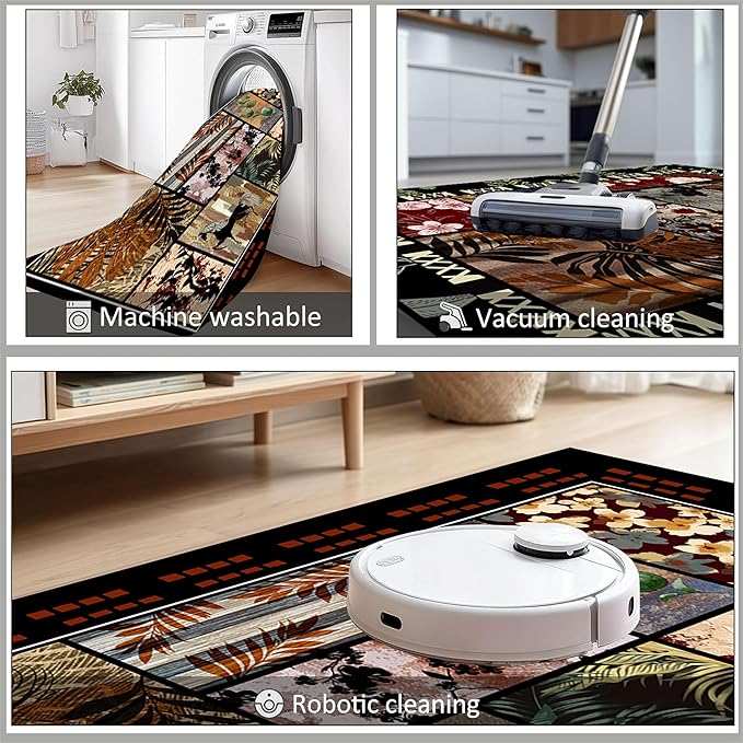 Rustic Cabin Area Rug 3x5ft, Animal & Moroccan Plaid Pattern Vintage Boho Carpet, Stain-Resistant Pet-Friendly & Non-Slip Low Pile for Living Room, Bedroom, Dining Room