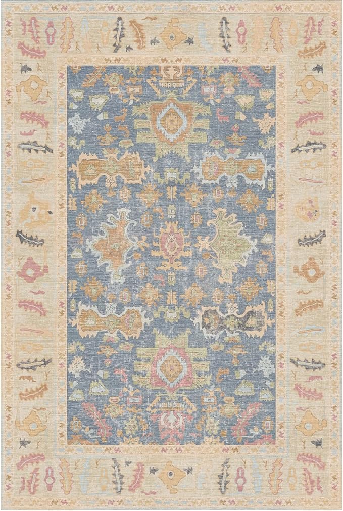 Kuden 6x9 Area Rug, Machine Washable Area Rug with Non-Slip Backing, Vintage Style, Soft, Easy Clean, Low Pile Rug for Living Room, Bedroom, Dining Room
