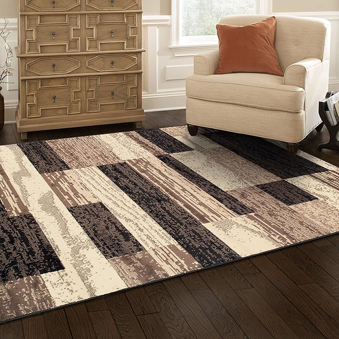 SUPERIOR Indoor Area Rug, Jute Backed, Modern Geometric Patchwork Floor Decor for Bedroom, Office, Living Room, Entryway, Hardwood Floors, Rockwood Collection, 4' x 6', Chocolate