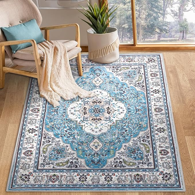 COMSLE Area Rug 3x5 Faux Wool Rugs for Kitchen, Boho Washable Throw Rugs Non-Slip Distressed Carpet Soft Accent Floor Rug for Bedroom, Living Room, Laundry Room (Light Blue)
