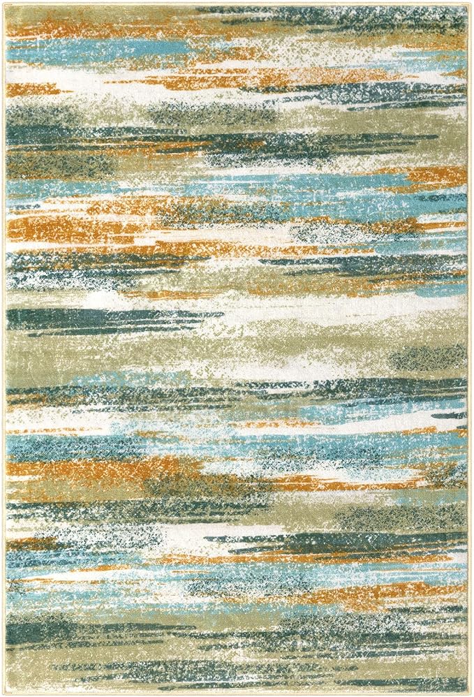 Modern Abstract 4x6 Living Room Washable Rug Non-Slip Soft Bedroom Area Rug Green Mustard Multi Thin Print Faux Wool Floor Carpet Throw Rugs for Nursery Playroom Dining Room Indoor Office
