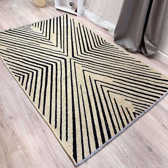 Alfa Rich 7x10 Geometric Beige Black Washable Area Rugs for Living Room Bedroom Kitchen Cotton Rug