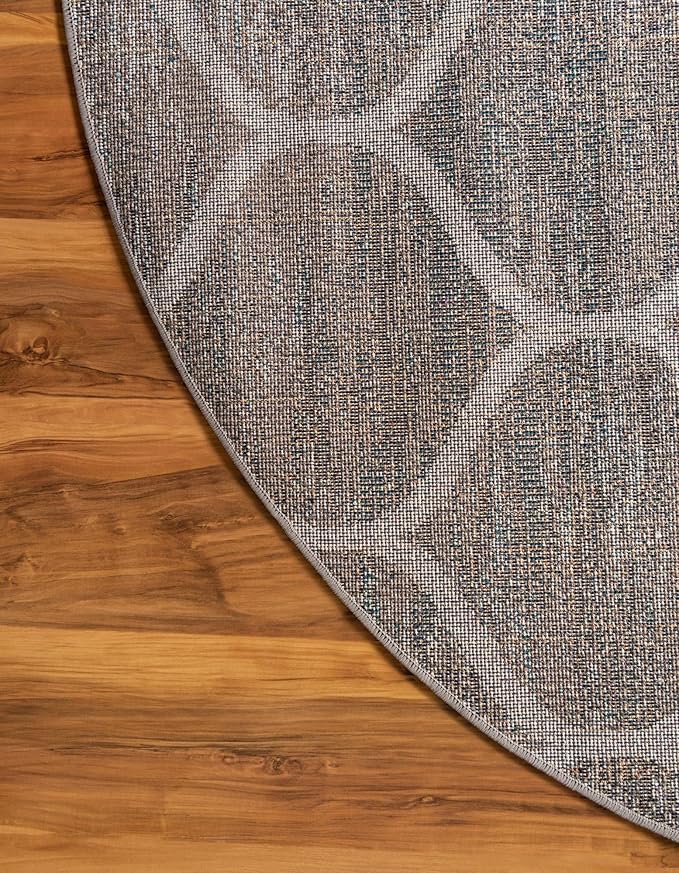 Rugs.com Lattice Frieze Collection Rug – 3' Round Blue Multi Medium Rug Perfect for Kitchens, Dining Rooms