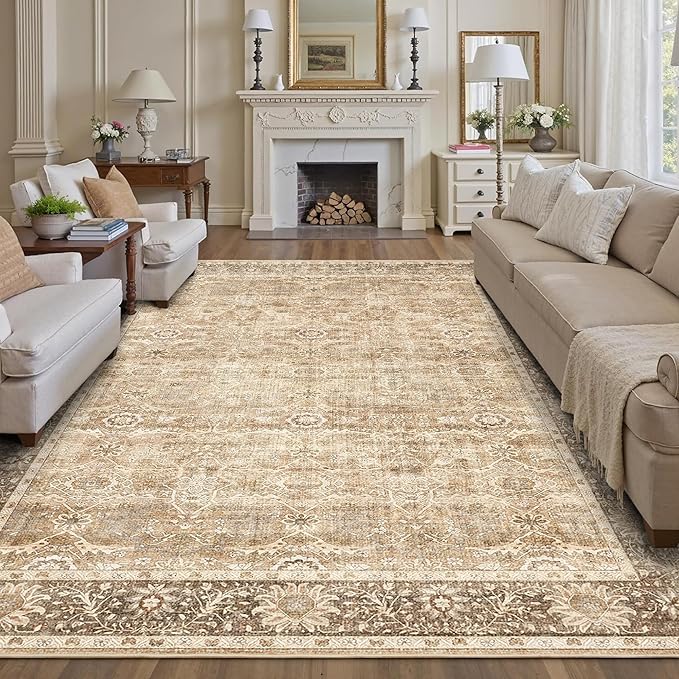 9x12 Washable Area Rug Beige Vintage Rug for Living Room Bedroom Low Pile Soft Non-Slip Boho Rug for Under Table Boho Distressed Retro Carpet for Bedroom Kitchen Office Dining