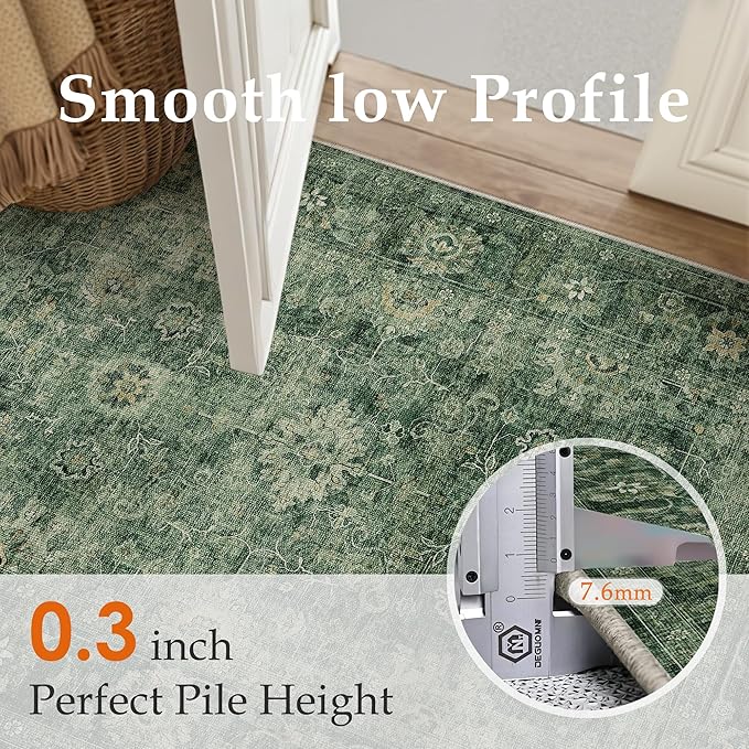 2x8 Washable Runner Rug for Kitchen Hallway Green Vintage Non-Slip Low Pile Distressed Rustic Carpet Lightweight Vacuumable Soft Long Throw Rug for Entryway Bedroom