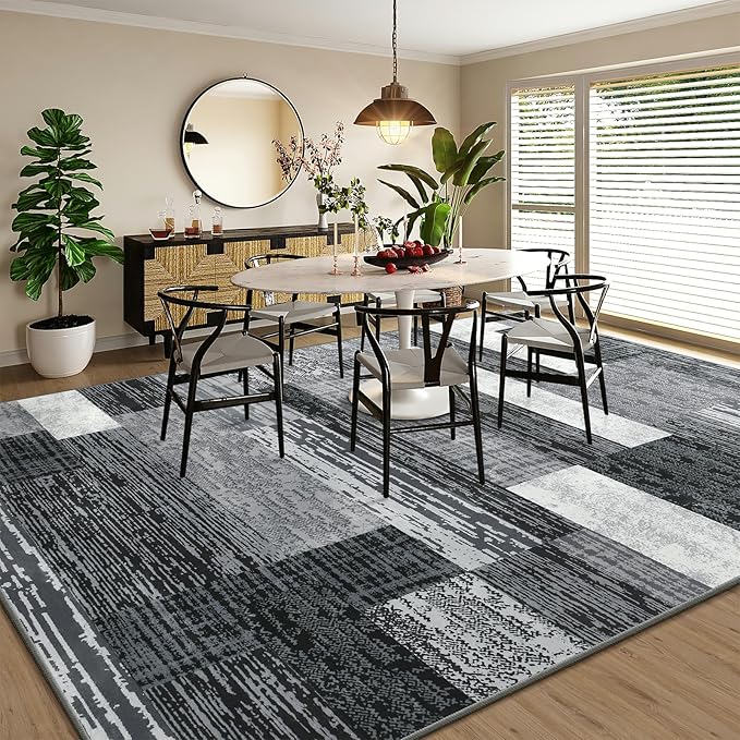Large Area Rugs,Modern Geometric Patchwork Floor Decor for Bedroom Aesthetic Carpet, Rockwood Collection, Indoor Rugs for Living Room, Dining Room, Nursery, Office, Machine Washable Rug,8x10 Ft Grey