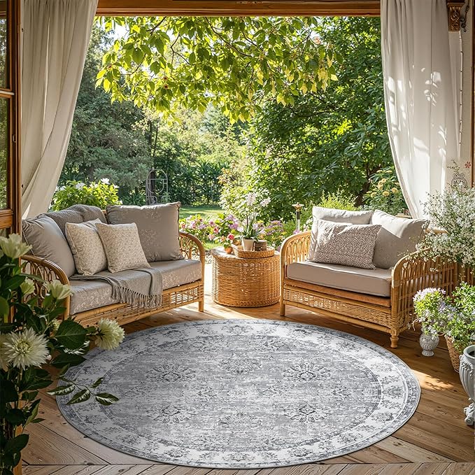 jinchan Fiora Round Rug 6ft Area Rug - Grey Vintage Floor Mat Indoor Ultra-Thin Soft Floral Print - Washable Circle 6' Retro Accent for Farmhouse Non Slip Dining Room Living Room Bedroom Office