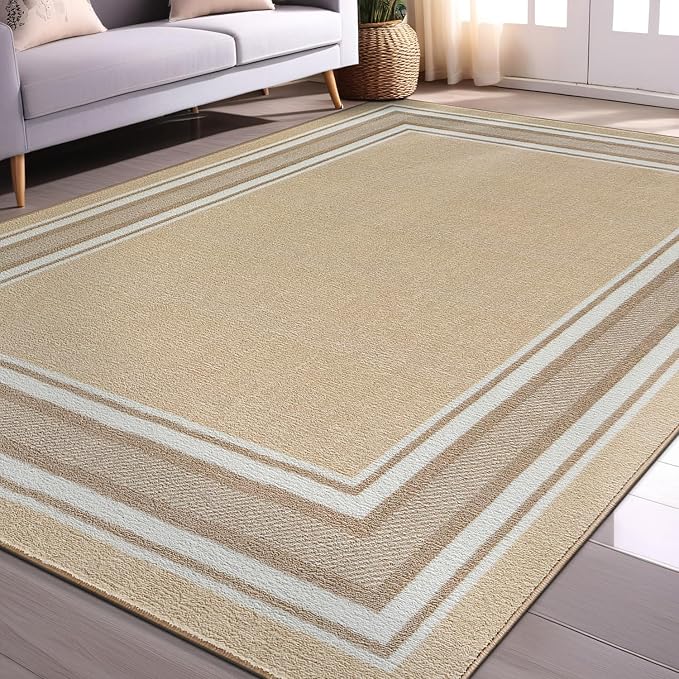 Beverly Rug Non Slip Area Rugs 8x10 Modern Bordered Non Skid Rubber Backing Soft Area Rug for Living Dining Room Easy to Clean Non Shedding Kitchen Bedroom Indoor Carpet 8 x 10 Beige