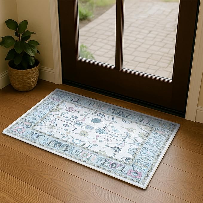 Fame Living Cream Green Oushak Rug, Modern Small Rugs, Vintage, Turkish, Eclectic, Floral, Pastel, Washable, Door Mat, Doormat for Indoor Entrance, Entryway, Kitchen, Bathroom, Bedroom, Laundry, 2'x3'