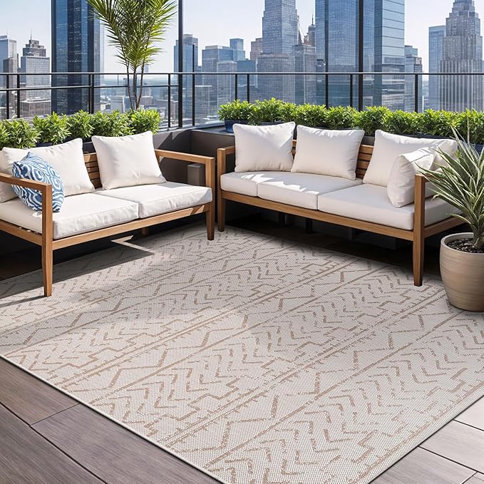 Beverly Rug Waikiki Indoor Outdoor Rug 5x7, Washable Outside Carpet for Patio, Deck, Porch, Trellis Area Rug, Water Resistant, Beige - White