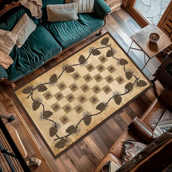 Vintage Plaid Area Rug 5x7ft Rustic Cabin Pine Cone Branches Lattice Pattern Rug Country Lodge Nature Plants Rugs, Soft Floor Rug Non-Skid Carpets for Living Room Farmhouse Indoor Floor Mat