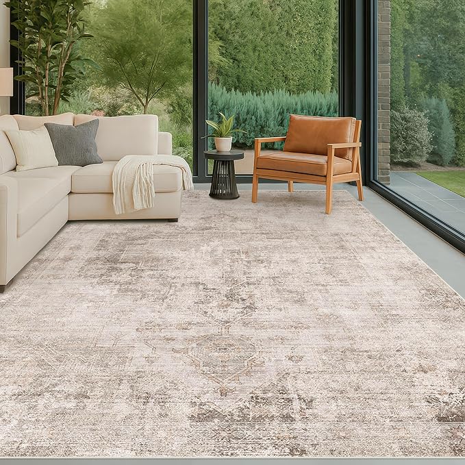 Farmhouse Area Rugs for Living Room - 8x10 Washable Modern Abstract Rug for Bedroom, Dining Room Under Table, Home Office, Soft Washable & Stain Resistance (Beige & Peach)