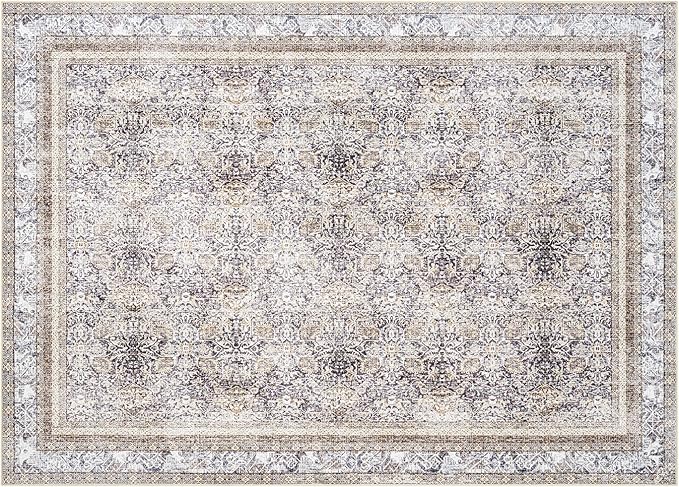 Phantoscope Washable Area Rug 4'x6' Non-Slip, Vintage Neutral Rugs for Living Room, Bedroom, Dining Room, Distressed Boho Floral Medallion Pattern, Low-Pile Foldable Floor Carpet, Light Brown