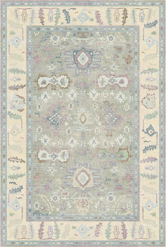 Kuden 5x7 Area Rug, Machine Washable Area Rug with Non-Slip Backing, Vintage Style, Soft, Easy Clean, Low Pile Rug for Living Room, Bedroom, Dining Room