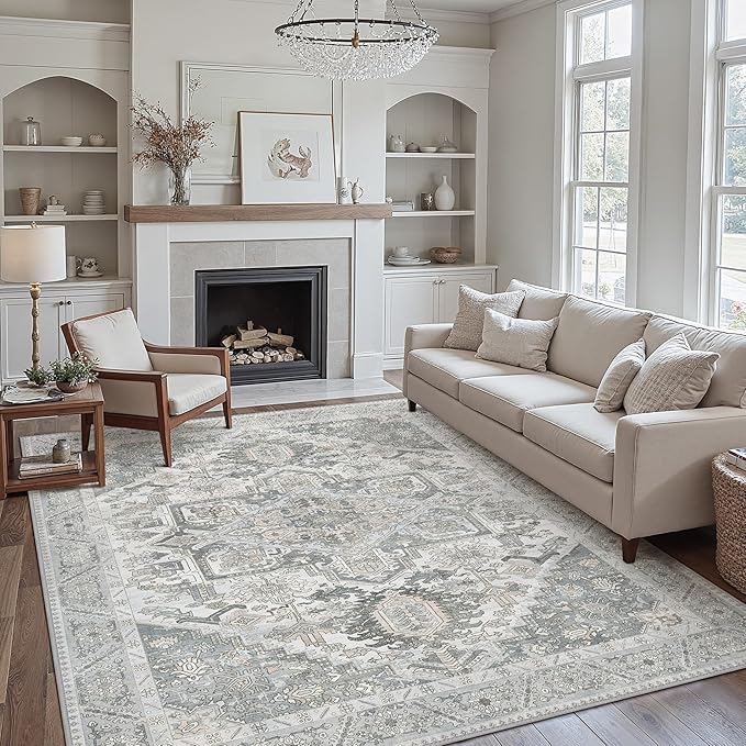 8x10 Area Rug Machine Washable Boho Rug for Living Room,Ultra-Thin Low Pile Carpet,Lightweight Indoor Printed Rug,Non Slip Floral Area Rug for Bedroom, Dining Room, Home Office,Grey Cyan