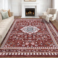 Luxury 5' x 7' Red Washable Area Rugs, Boho Low Pile Easy Clean Non-Slip Rug, Floral Medallion Pattern Vintage Rugs for Living Room, Dinning Room, Office, Bedroom, Bathroom, Laundry Room, Farmhouse