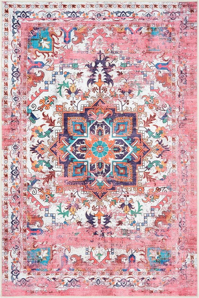 GLN Rugs Traditional Collection - Machine Washable Area Rug, Traditional Washable, Non Slip, Low Pile Chenille Rug, Living Room, Bedroom, Kitchen Rug (6' x 9' Pink/Multicolor)
