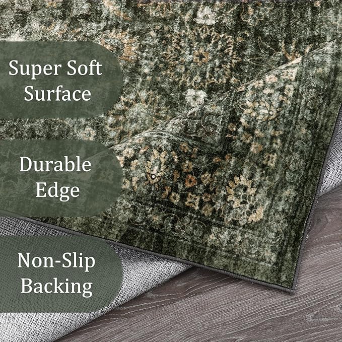 Morebes Vintage Dark Green Living Room Rug, 9x12 Area Rug Large Washable Rugs for Bedroom, Soft Dining Room Carpet Non-Slip Non-Shedding Throw Rug for Farmhouse Indoor Kids Playroom