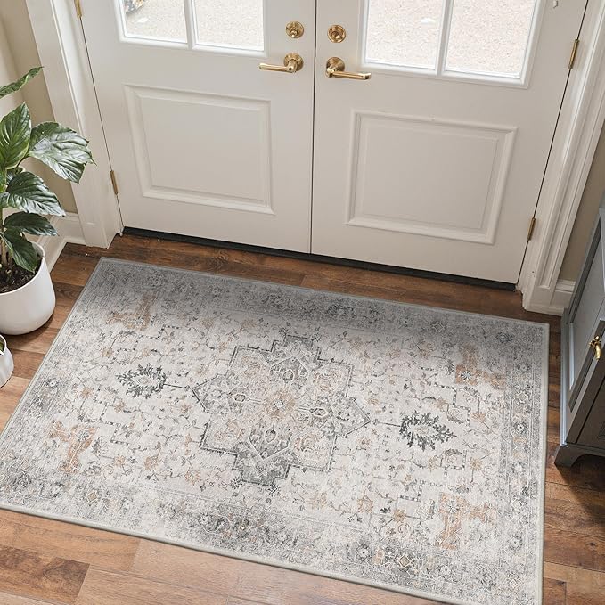 3x5 Area Rugs for Living Room, Machine Washable Non Slip Vintage Rugs, Low Pile Lightweight Print Rug for Bedroom, Dining Room, Home Office, Light Taupe Brown