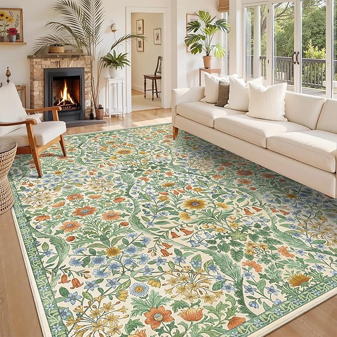 9x12 Grass Green Vintage Floral Area Rug,Washable Large Boho Living Room Rugs,Botanical Print Non-Slip Stain Resistant Lightweight Carpet for Bedroom Dining Room Nursery
