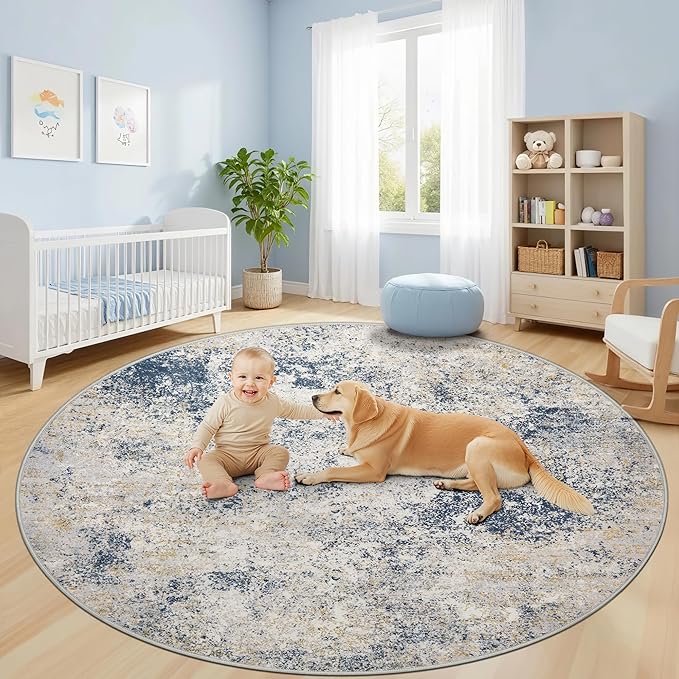 8ft Washable Round Rug - 8x8 Area Rugs Modern Abstract Rugs for Living Room Non-Slip Low Pile Soft Machine Washable Carpet for Bedroom, Living Room, Dining Room, Nursery, Farmhouse (8'x8' Beige Blue)