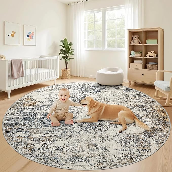 8ft Washable Round Rug - 8x8 Area Rugs Modern Abstract Rugs for Living Room Non-Slip Low Pile Soft Machine Washable Carpet for Bedroom, Living Room, Dining Room, Nursery, Farmhouse (8'x8' Tan Blue)