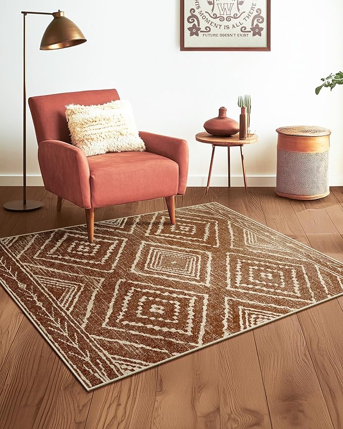 Area Rug 3x4 Rug Machine Washable Non-Slip Low Pile Print Pattern Western Rug for Living Room Bedroom Entryway Tribal Series-Yellowbrown/Cream