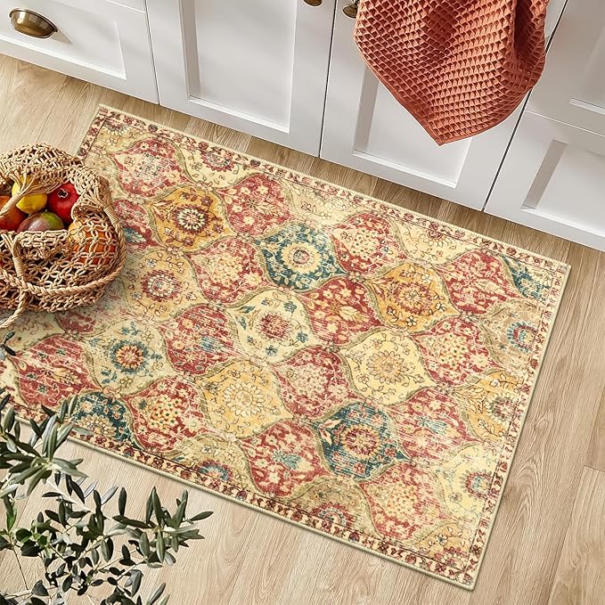 Lahome Moroccan Trellis Washable Rug, 2x3 Bathroom Rugs for Kitchen Entryway, Non-Slip Indoor Door Mat Ultra-Thin, Small Oriental Throw Carpet for Bedroom Entry, Red/Orange