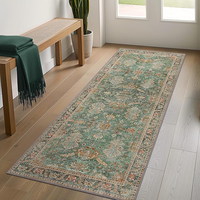 2x5 Hallway Runner Rugs Non Slip Washable Runner for Entryway Bathroom Kitchen Bedroom, Boho Green Runner, Thin Low Pile Chenille Carpet with Rubber Backing, Dark Sage/Gold