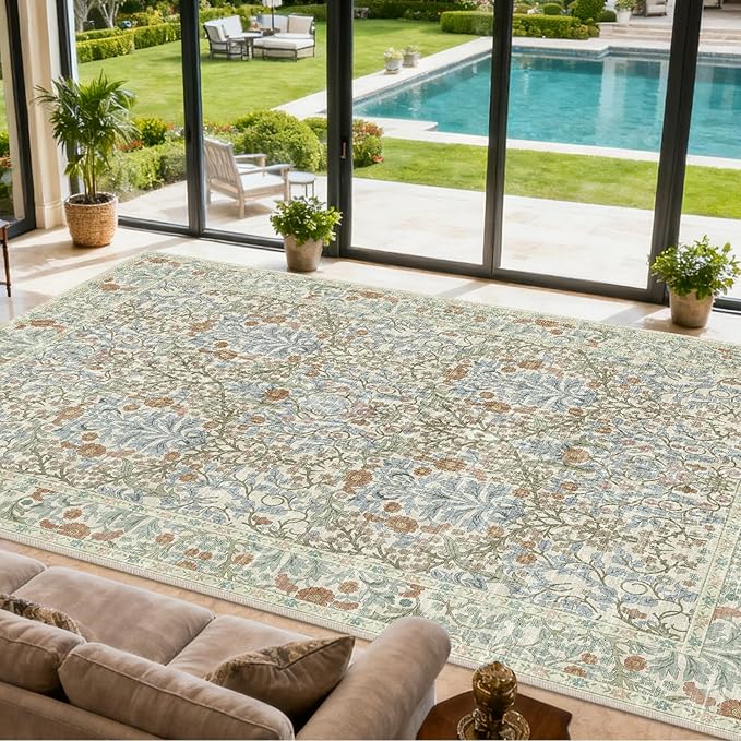 Extra Large 10x14 Area Rug for Living Room, Washable Rugs for Dining Room, Bedroom, Non Slip Stain Resistant Carpet, Low Pile Vintage Floral Rug (Beige Blue)
